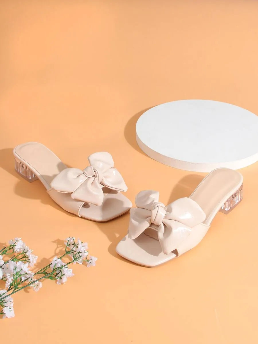 Elegant Women's Crystal Bow Sandals, Spring/Summer Bow-Adorned Chunky-Heeled Mules