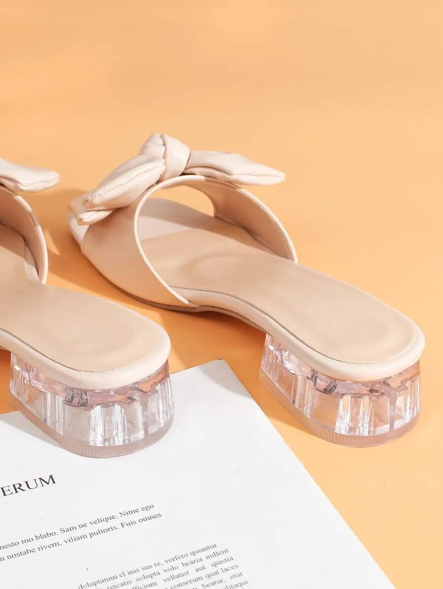 Elegant Women's Crystal Bow Sandals, Spring/Summer Bow-Adorned Chunky-Heeled Mules