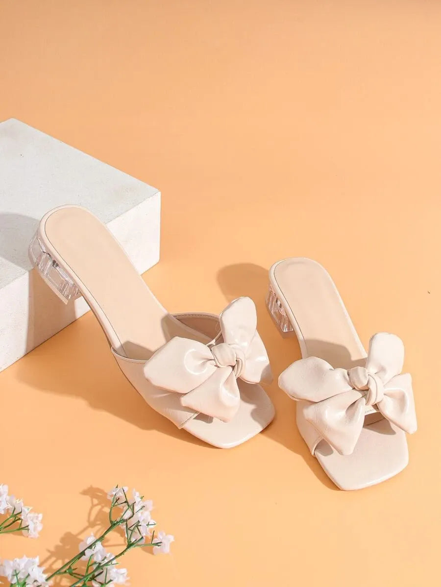 Elegant Women's Crystal Bow Sandals, Spring/Summer Bow-Adorned Chunky-Heeled Mules