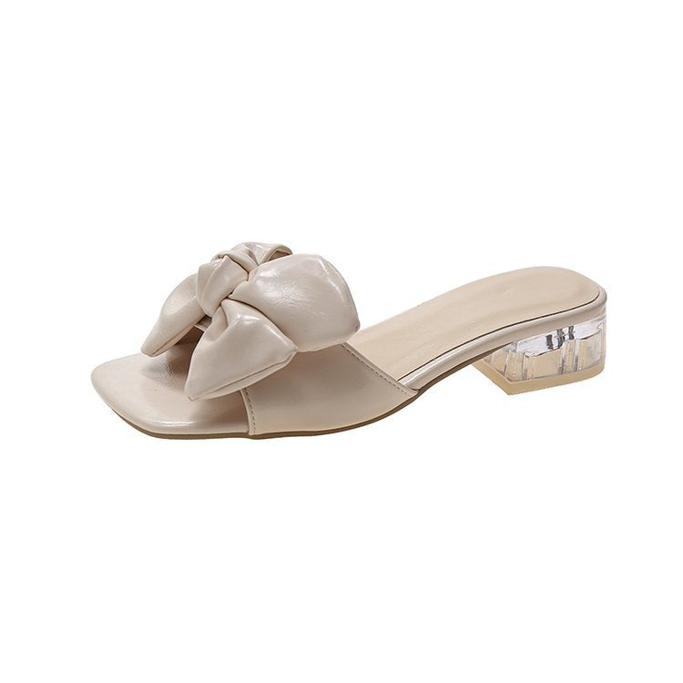 Elegant Women's Crystal Bow Sandals, Spring/Summer Bow-Adorned Chunky-Heeled Mules